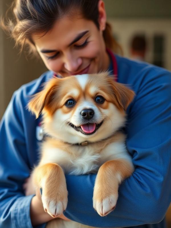 A caretaker hugging a small dog