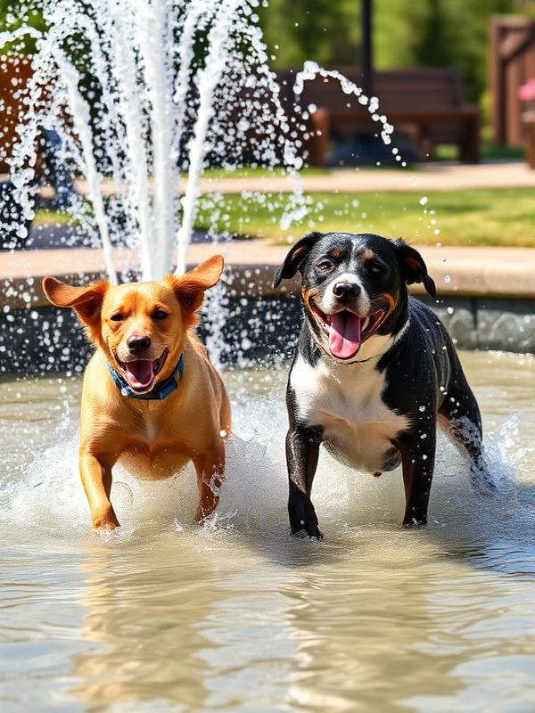 Dogs playing in a water feature